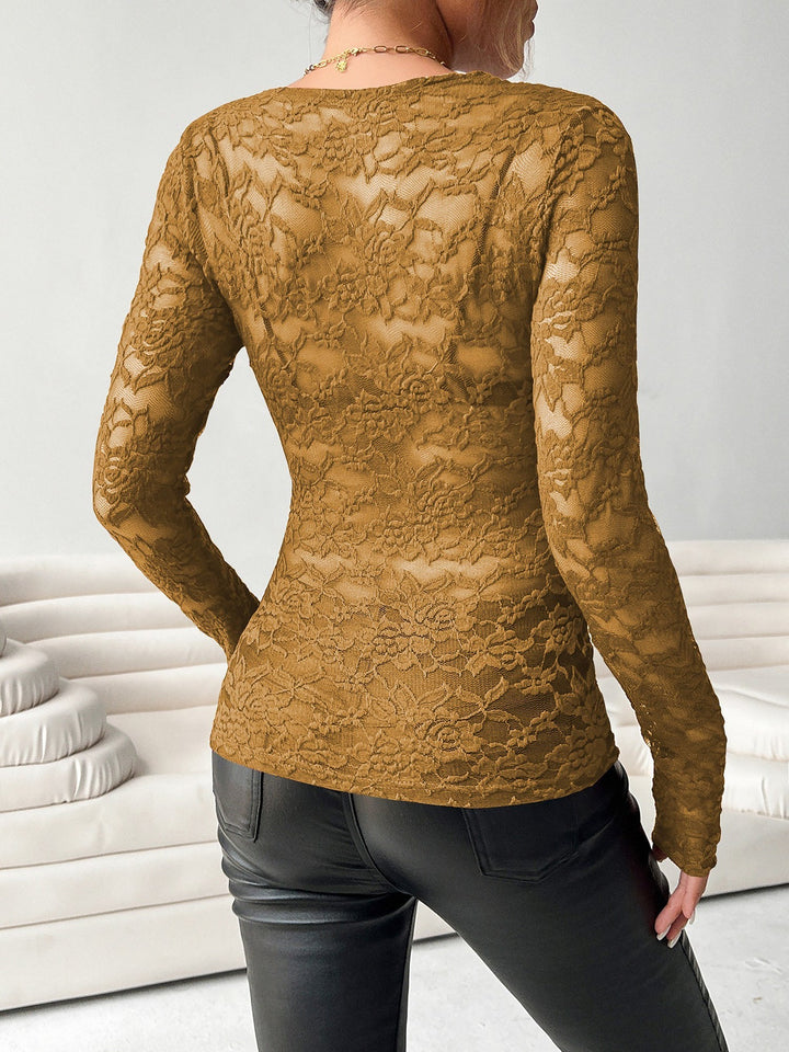Brooke | Sheer Pizzo Scollo a V Manica Lunga Top