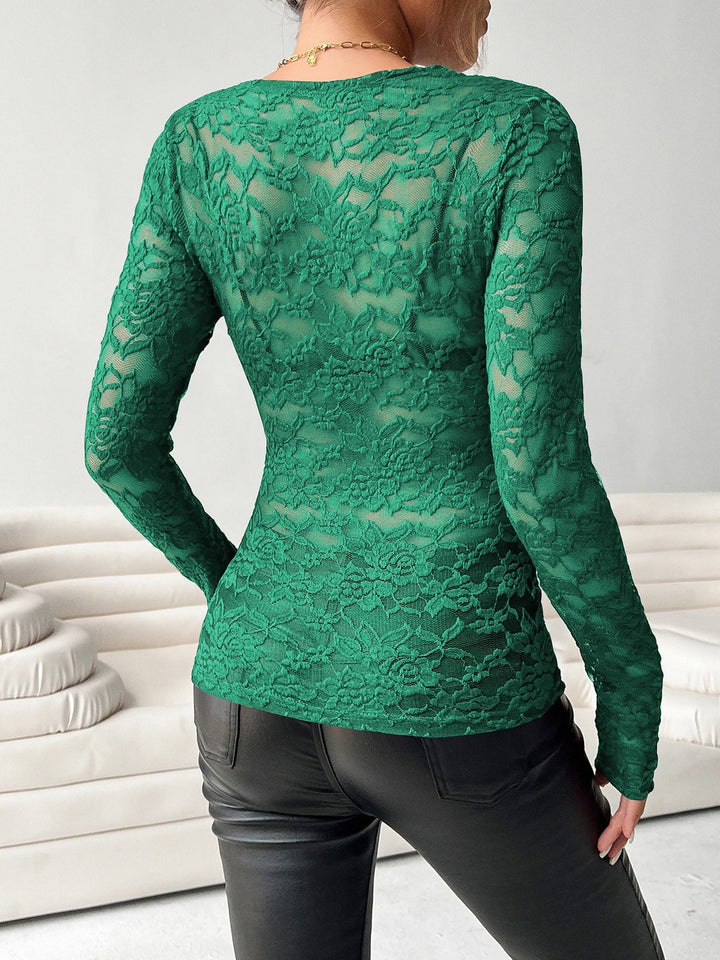 Brooke | Sheer Pizzo Scollo a V Manica Lunga Top