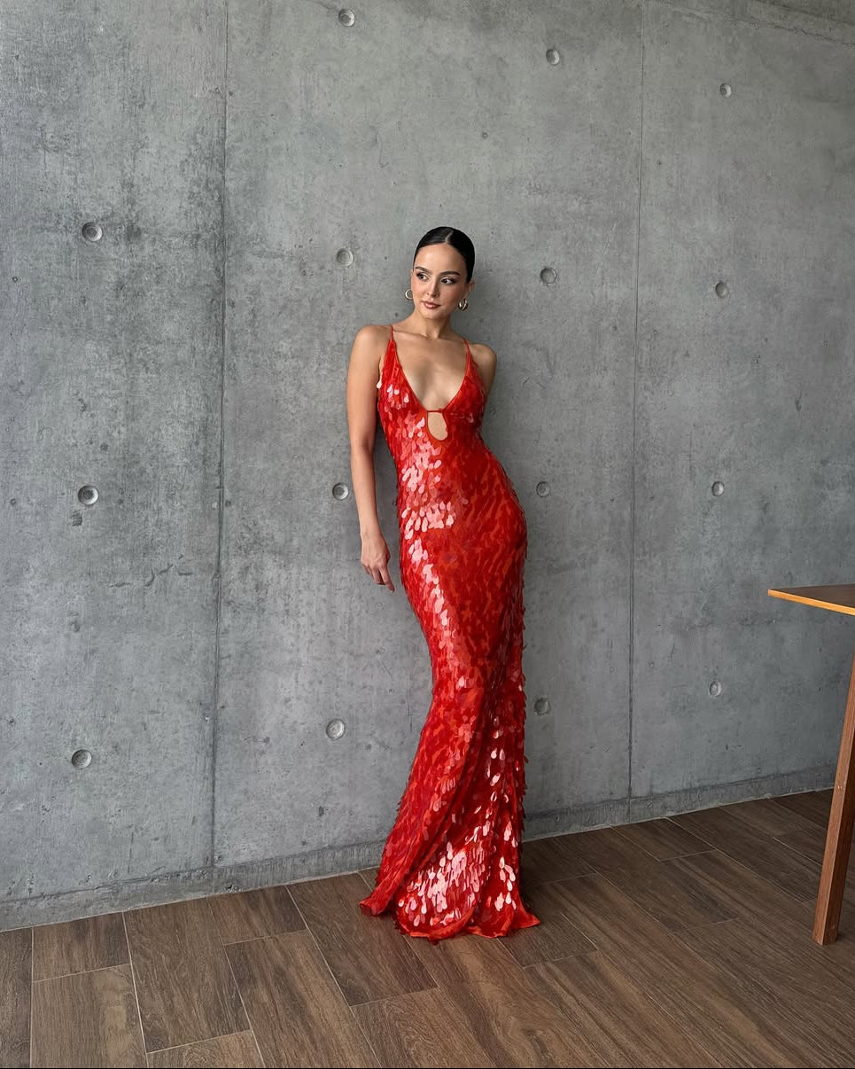 Veronica | Abito Maxi in Paillettes, Scollo a V e Spalline Sottili