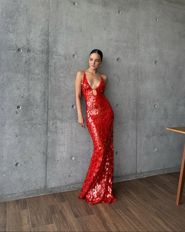 Veronica | Abito Maxi in Paillettes, Scollo a V e Spalline Sottili