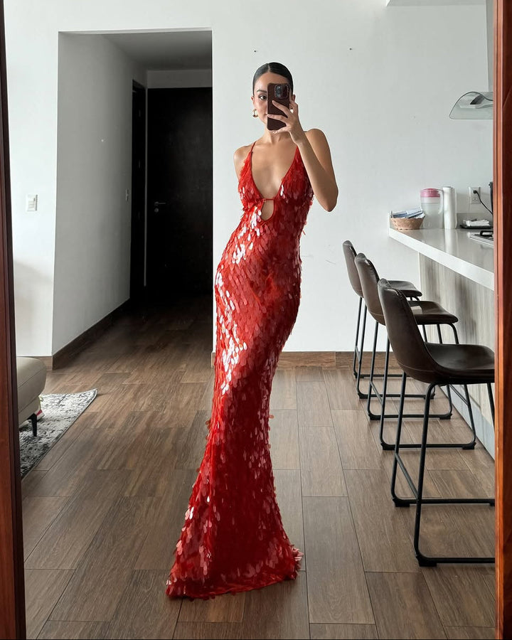 Veronica | Abito Maxi in Paillettes, Scollo a V e Spalline Sottili