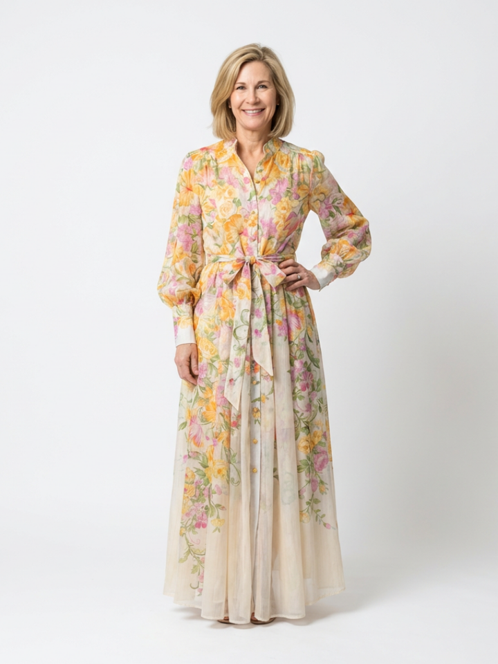 Cressida | Floreale Sheer Manica Lunga Maxi Abito