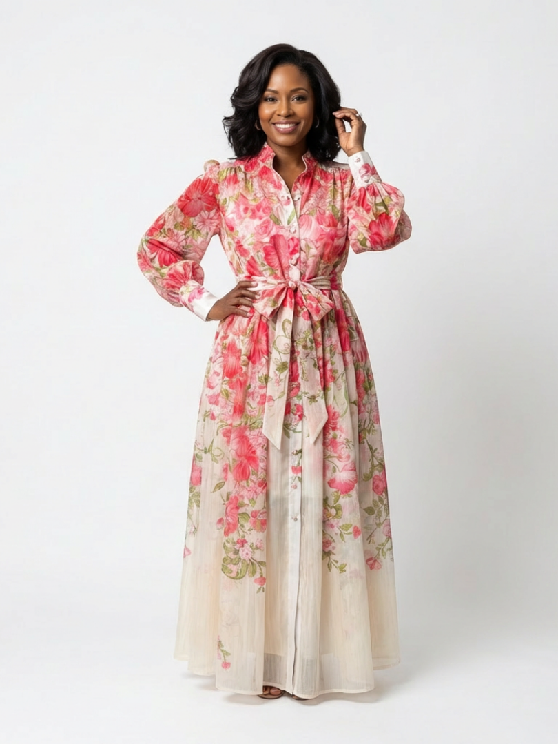 Cressida | Floreale Sheer Manica Lunga Maxi Abito