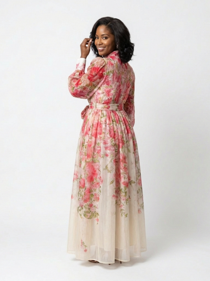 Cressida | Floreale Sheer Manica Lunga Maxi Abito