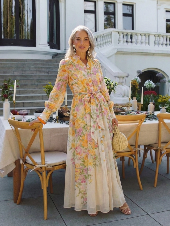 Cressida | Floreale Sheer Manica Lunga Maxi Abito