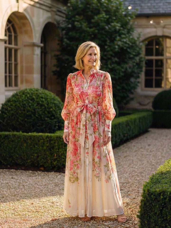 Cressida | Floreale Sheer Manica Lunga Maxi Abito