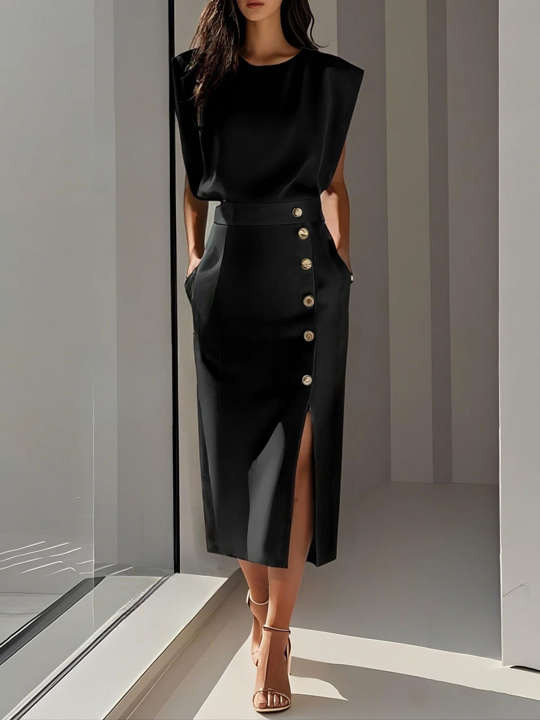 Briar | Elegante Round Neck Midi Abito with Slit