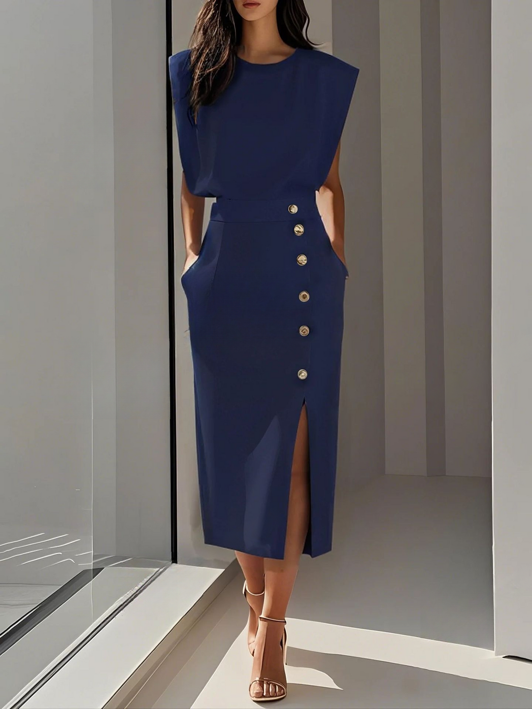 Briar | Elegante Round Neck Midi Abito with Slit