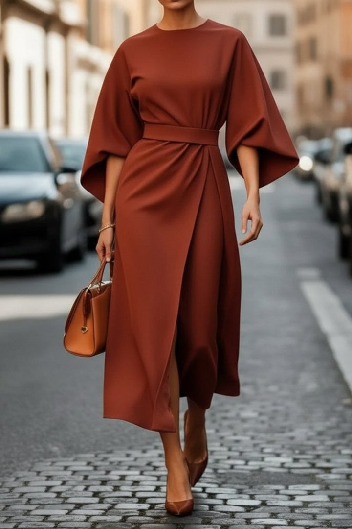Valentina | Cape-Sleeve Belted Draped Autunno Wedding Guest Midi Abito