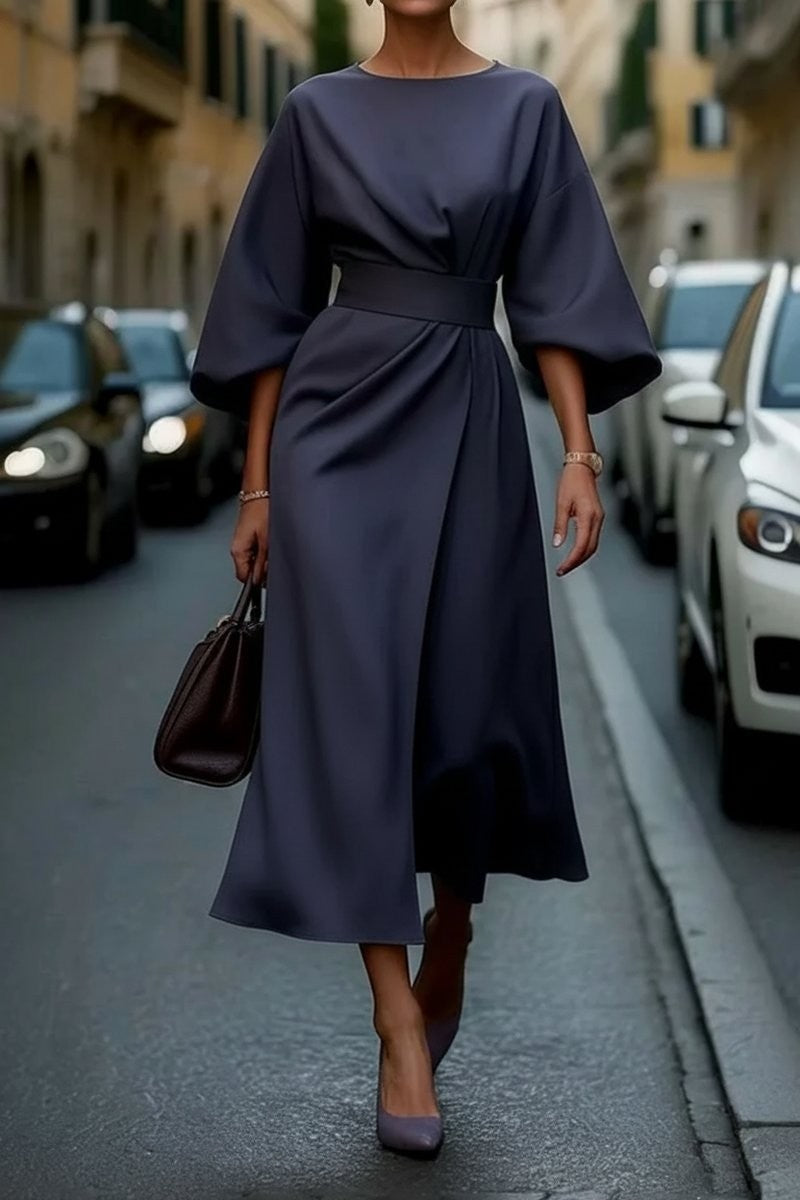 Valentina | Cape-Sleeve Belted Draped Autunno Wedding Guest Midi Abito