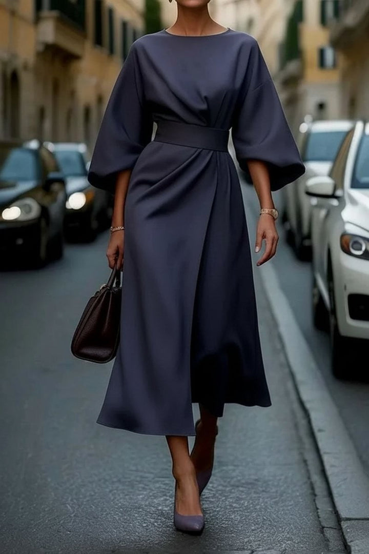 Valentina | Cape-Sleeve Belted Draped Autunno Wedding Guest Midi Abito