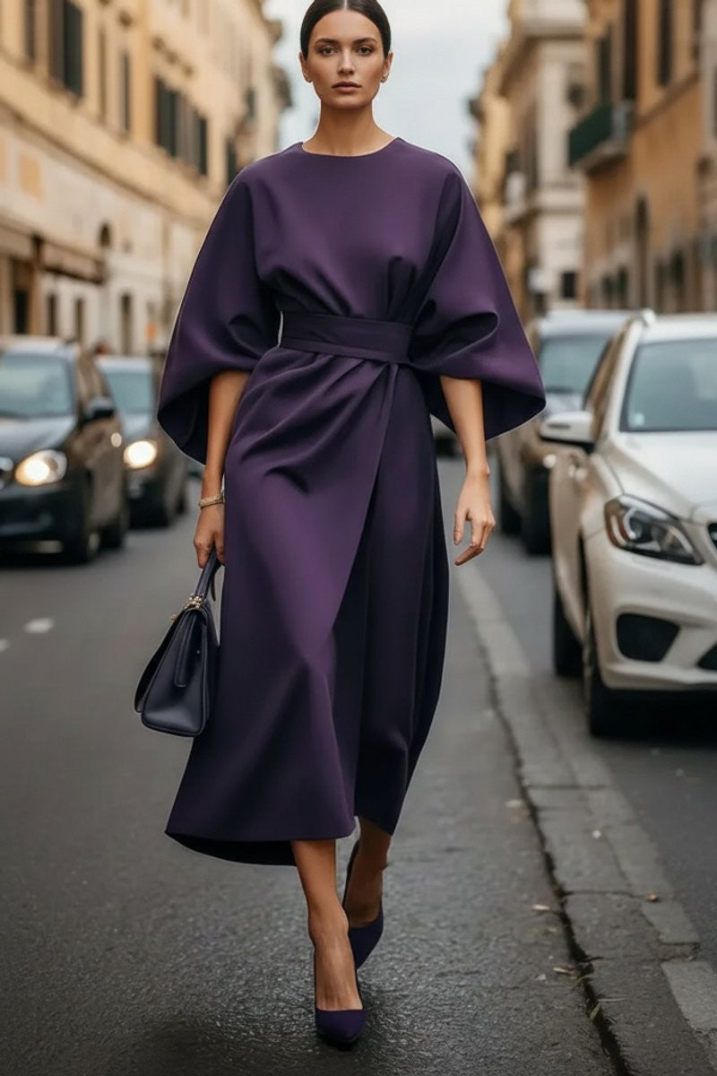 Valentina | Cape-Sleeve Belted Draped Autunno Wedding Guest Midi Abito