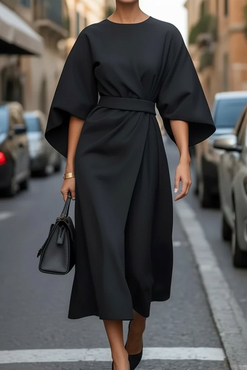 Valentina | Cape-Sleeve Belted Draped Autunno Wedding Guest Midi Abito