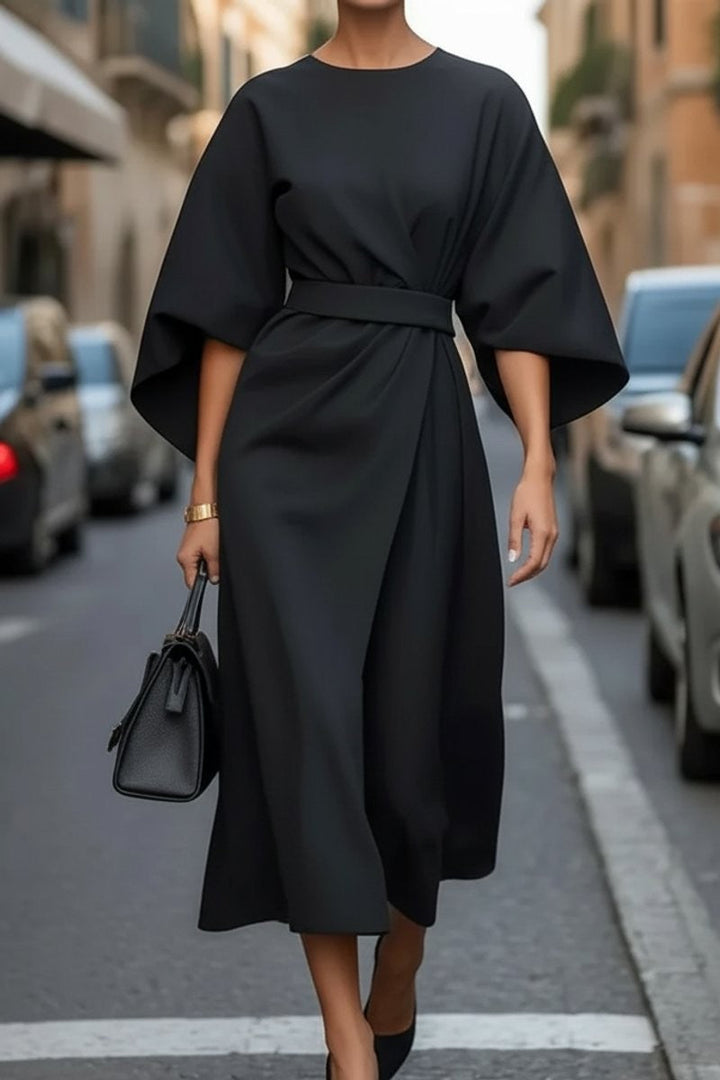 Valentina | Cape-Sleeve Belted Draped Autunno Wedding Guest Midi Abito