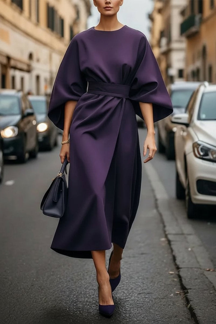 Valentina | Cape-Sleeve Belted Draped Autunno Wedding Guest Midi Abito