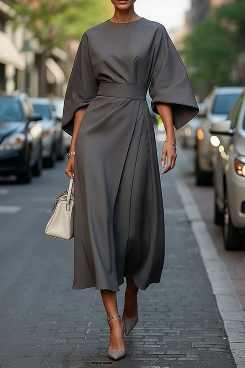 Valentina | Cape-Sleeve Belted Draped Autunno Wedding Guest Midi Abito