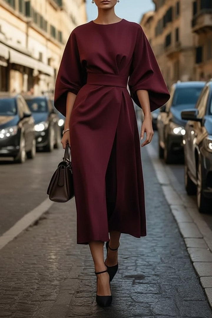 Valentina | Cape-Sleeve Belted Draped Autunno Wedding Guest Midi Abito