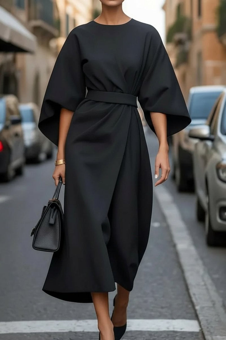 Valentina | Cape-Sleeve Belted Draped Autunno Wedding Guest Midi Abito