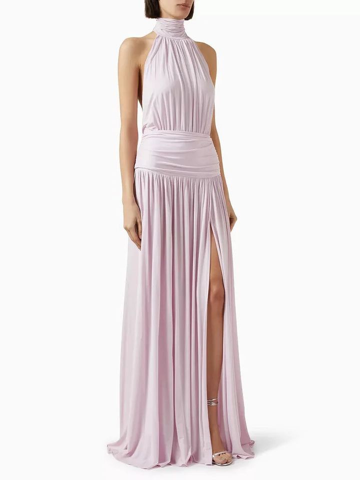 Dorien | Abito Maxi Plissettato con Collo Halter e Spacco