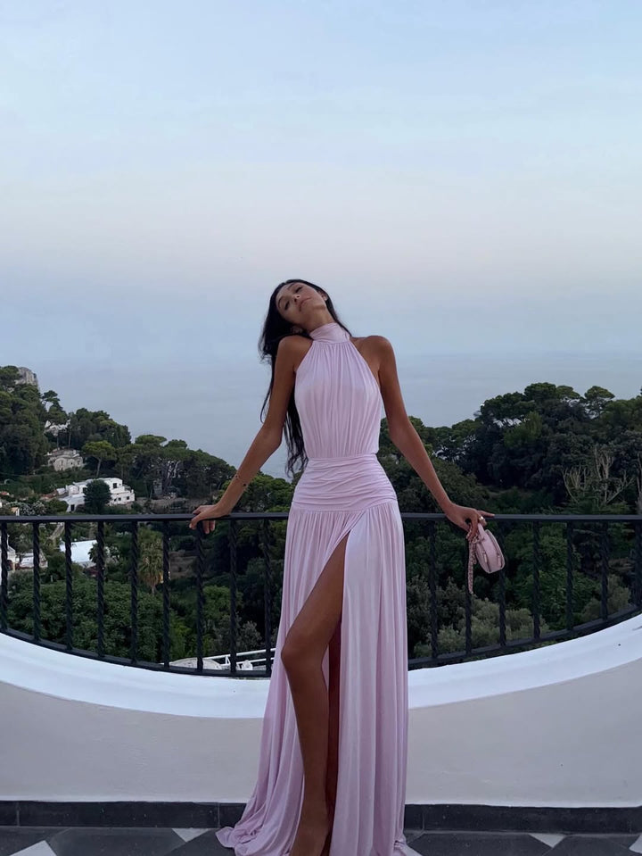 Dorien | Abito Maxi Plissettato con Collo Halter e Spacco