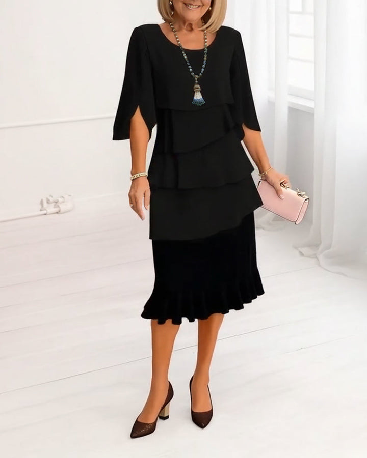 Margot | Layered Round-Neck Cape-Sleeve A-Line Midi Abito
