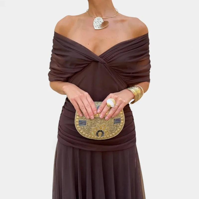 Willa | Spalle Scoperte Twist-Front Ruched Manica a Palloncino Maxi Abito