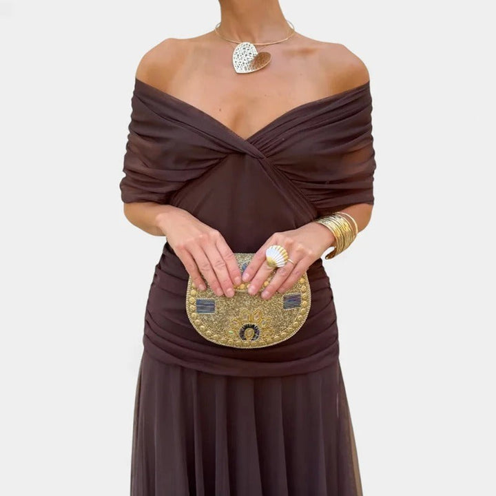 Willa | Spalle Scoperte Twist-Front Ruched Manica a Palloncino Maxi Abito