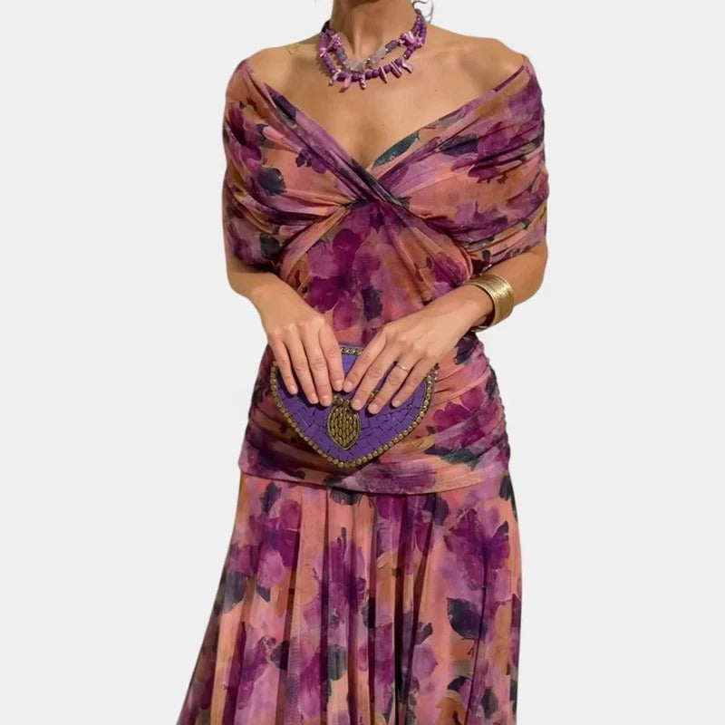 Willa | Spalle Scoperte Twist-Front Ruched Manica a Palloncino Maxi Abito