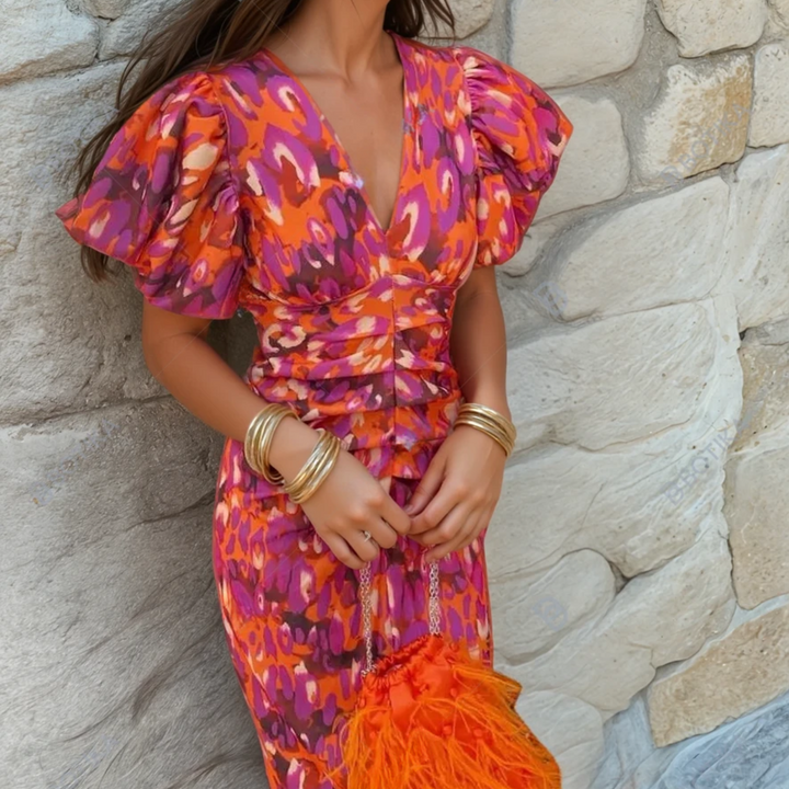 Odette | Abstract-Stampa Scollo a V Manica a Palloncino Ruched Autunno Wedding Guest Midi Abito