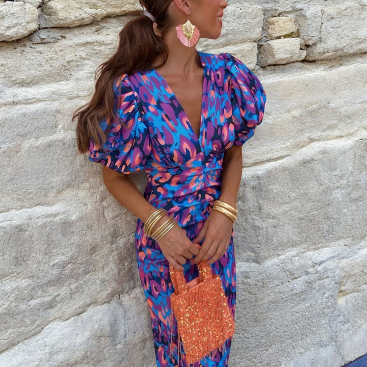 Odette | Abstract-Stampa Scollo a V Manica a Palloncino Ruched Autunno Wedding Guest Midi Abito