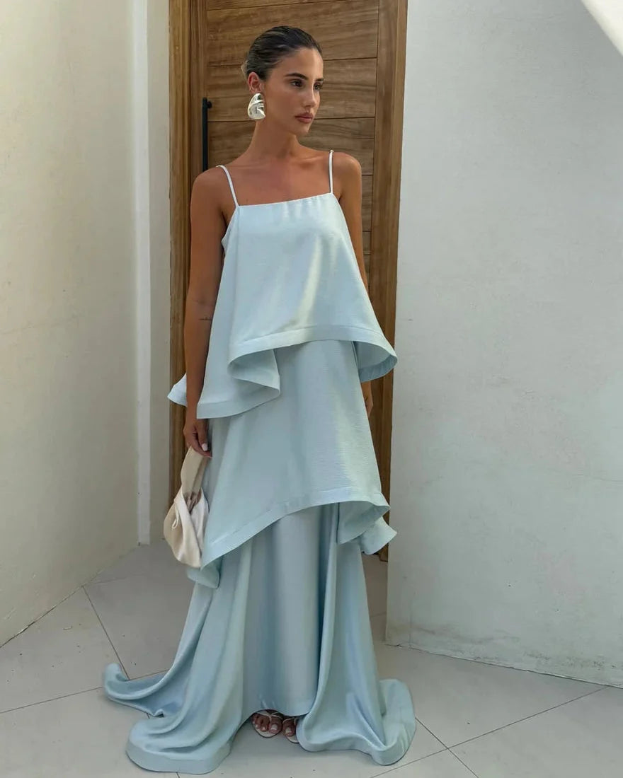 Stevie | Abito Maxi in Raso a Balze con Schiena Scoperta