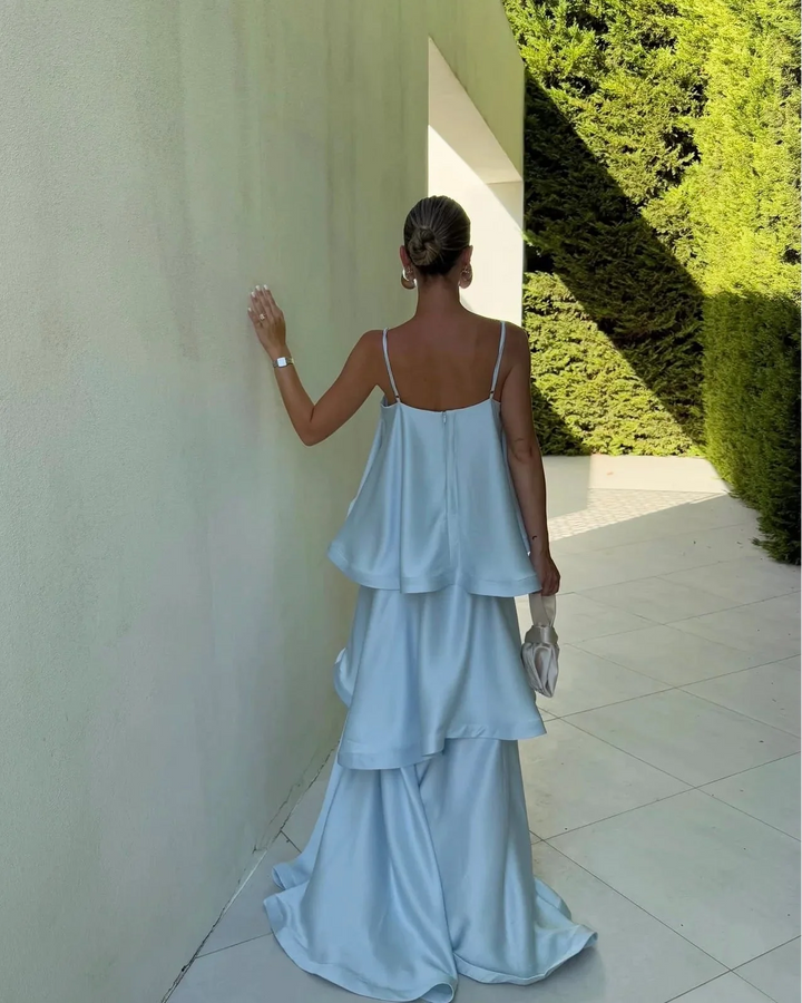 Stevie | Abito Maxi in Raso a Balze con Schiena Scoperta