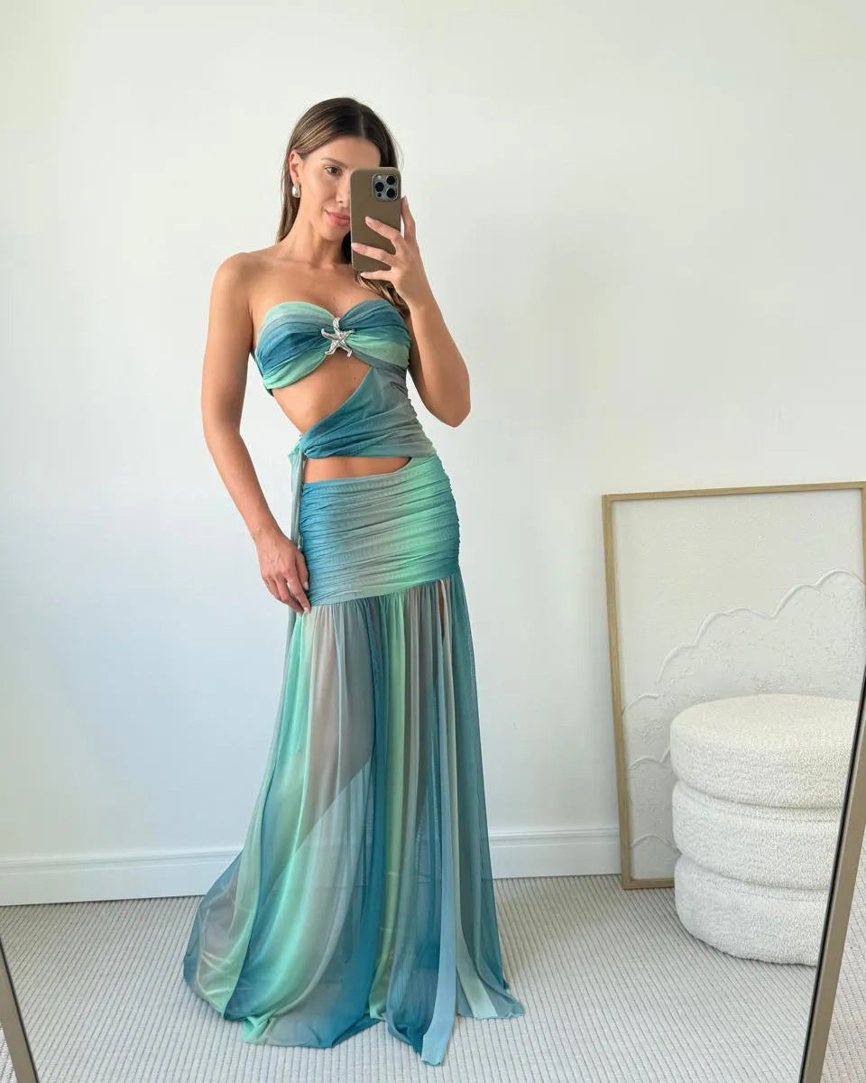 Wren | Abito Maxi Ombré Senza Spalline con Cut-Out