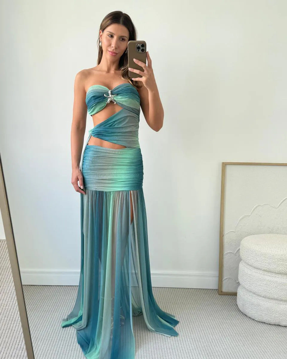 Wren | Abito Maxi Ombré Senza Spalline con Cut-Out